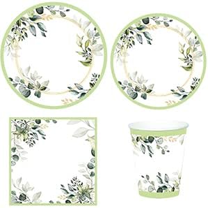 Green Party Plates Supplies, Sage Green Paper Eucalyptus Leaf Plates and Napkins, Disposable Tableware, Cups, Napkins for Jungle Boho Party,Baby Shower, Bridal Shower, Birthday Supplies Serve 24