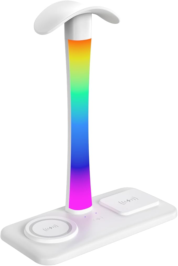 Headphone Stand with Wireless Charger,Gaming Headset Stand with RGB Light Mode,Airpod Max Stander Compatible with Airpod Pro/3/2,iPhone 16/15/14/13/12/11,Gifts for Gamers & Music Lover (White)