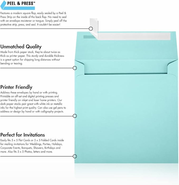 LUXPaper Square Invitation Envelopes | Peel & Press | 5 1/4" x 5 1/4" | Seafoam Blue | 80lb. Text | 50 Qty