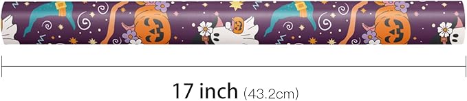 LeZakaa Purple Halloween Wrapping Paper Roll, Cute Trick-or-Treat Ghosts Pumpkins Witch Hats Gift Wrap for Kids Teens Adults, Halloween Decor, Party Favors, Mini Roll 17 in x 16.4 Ft