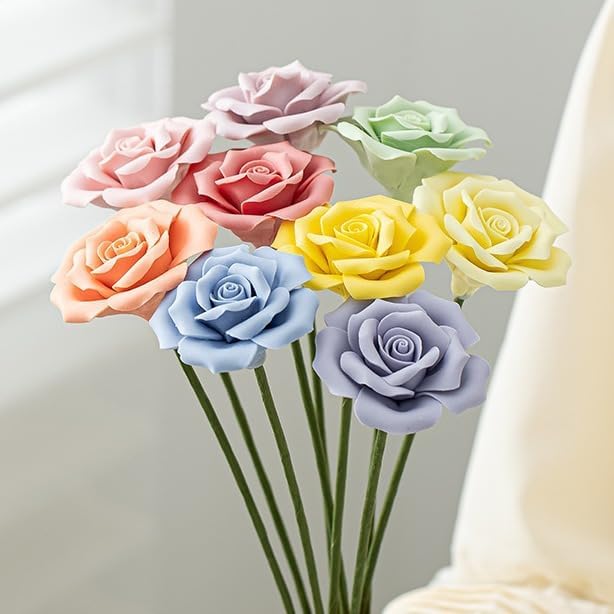 9 pcs Handmade Ceramic Roses,Featuring Vibrant Colors and Intricate Petal Details,Wedding Decoration Christmas Decor Gift Providing Long-Lasting Beauty Without The Hassle (Colour)