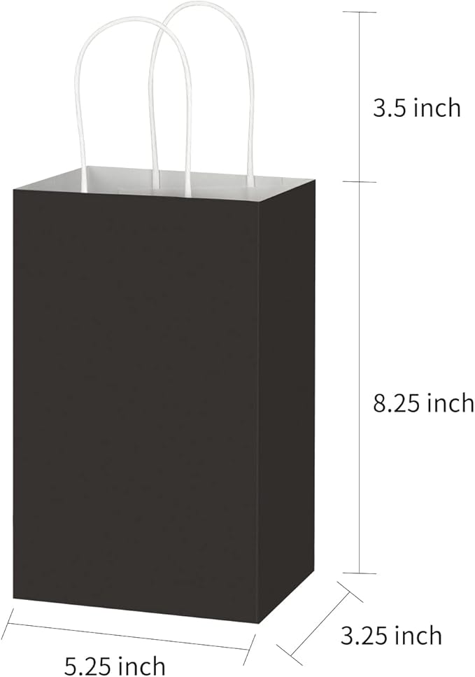 Toovip 50 Pack 5.25x3.25x8.25 Inch Small Black Kraft Paper Bags with Handles Bulk, Gift Wrap Bags for Favor Grocery Retail Party Birthday Shopping Business Goody Craft Merchandise Take Out Cub Sacks