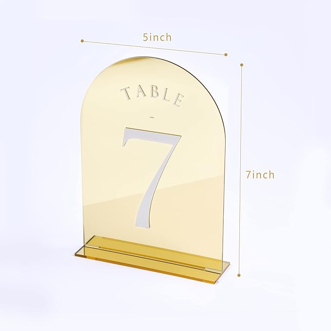UNIQOOO Gold Mirror Arch Wedding Table Numbers with Stands 1-20, 5x7 Acrylic Display Signs and Holders, Pack of 20, Perfect for Centerpiece, Reception, Decoration, Party, Anniversary, Event
