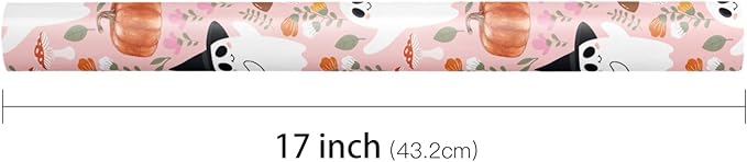 LeZakaa Pink Halloween Wrapping Paper Roll, Cute Ghosts Pumpkins Fall Florals in Pink Spooky Design Trick-or-Treat Gift Wrap for Girls, Kids, Soft Aesthetic Halloween Gifts, Mini Roll 17 in x 16.4 Ft