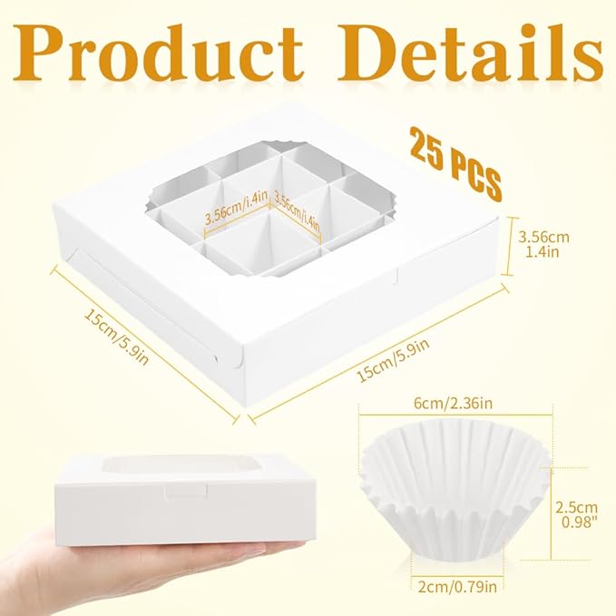 25 Pack White Bakery Boxes, Sweet Boxes with Windows and Divider, 16-Compartments Dessert Box for Chocolate Sweet Assortment