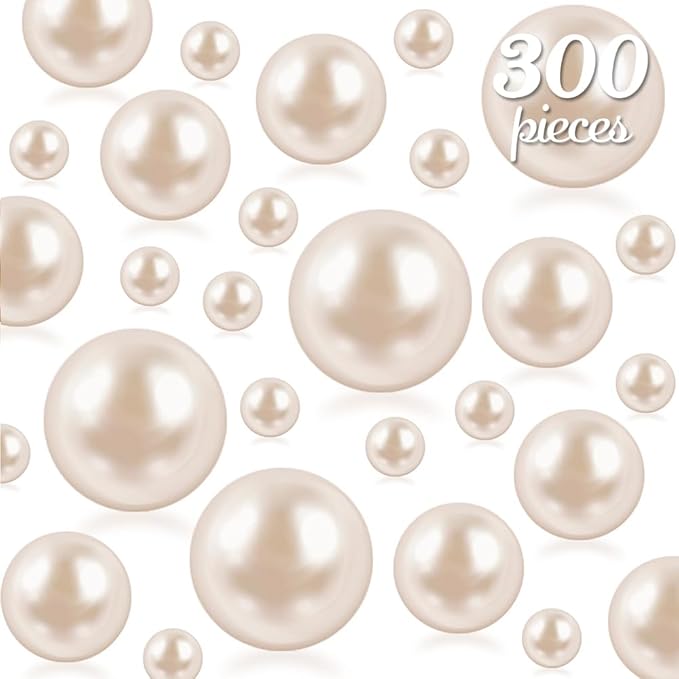 300Pcs Cream Polished No Hole Faux Pearl Beads for Vase Filling Decorations, Plastic Pearls Vase Fillers, Table Scatters, Wedding Centerpiece, Home Decor, 8/14/20 mm