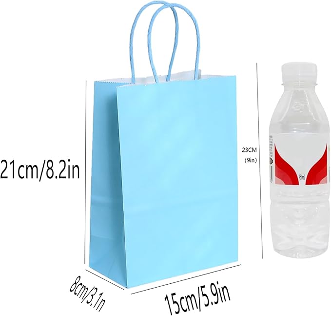 piqiya Small Plain Natural Paper Kraft Gift Bags with Handles Light Blue Paper Bags for Eid Birthday Party Grocery Retail Business Goody Craft Bag (Blue,24pcs)