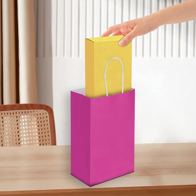 Oikss 50 Pack 5.25x3.25x8.25 Inch Small Hot Pink Kraft Paper Bags with Handles Bulk for Birthday Wedding Party Favors Grocery Retail Shopping Business Goody Craft Gift Bags Sacks (Fuchsia 50pcs Count)