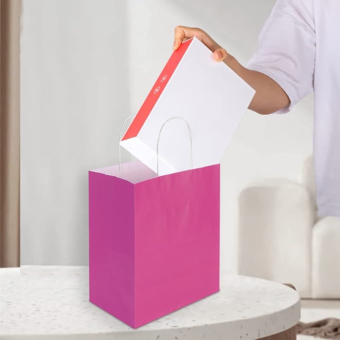 Oikss 50 Pack 8x4.75x10 Inch Medium Hot Pink Kraft Paper Bags with Handles Bulk for Birthday Wedding Party Favors Grocery Retail Shopping Business Goody Craft Gift Bags Sacks (Fuchsia 50pcs Count)