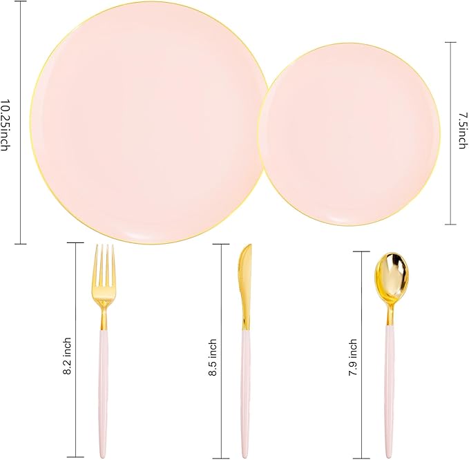 Liacere 150PCS Plastic Plates-Gold Plastic Silverware with Pink Handle - Pink Disposable Plates Include 30 Guests Plates, Forks, Spoons, Knives for Wedding & Easter Day &Mother's Day