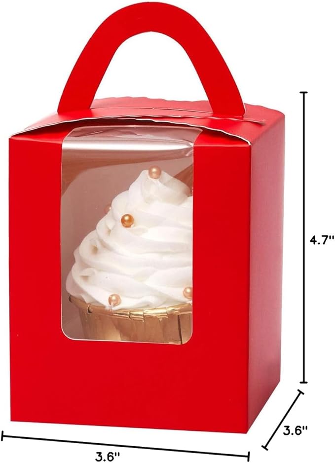 qiqee Red Cupcake Boxes Individual Cupcake Holders Disposable 50pcs Single Cupcake Boxes with Window 3.6 * 3.6 * 4.3inch Cupcake Containers