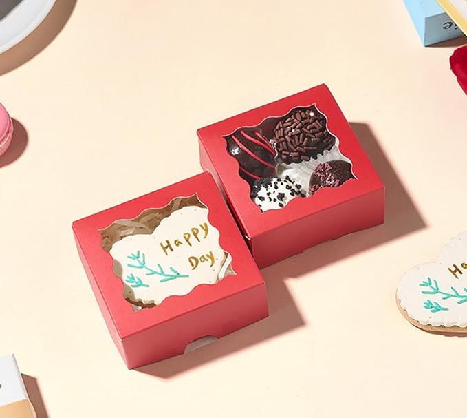 RomanticBaking 3 ¼" x 3 ¼" x 1 ½" 50PCS Chocolate Truffle Boxes for 4,Cookies Boxes Soap Boxes Donut Boxes Macaron Boxes Mini Bakery Boxes with Window Brownie Box