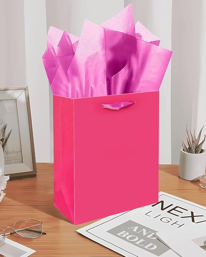 Gcardist Bright Pink Gift Bags with Tissue Paper for Wedding, Birthday, Party Supplies-7.9"x4.3"x9.6" Medium Size Cardboard Gift Bags(16pcs Bags +32pcs Tissue Paper )