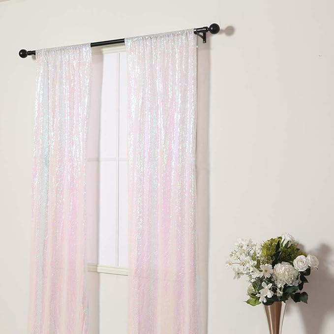 Juya Delight White Iridescent Backdrop Curtain, Sequin Photography Backdrop Curtain for Wedding Party Decoration Festival Ceremony,White Iridescent,2ftx8ft,2 Panels