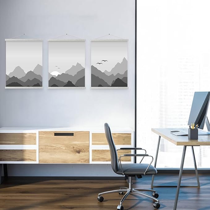 Magnetic Poster Hanger, 12x18 12x16 12x24 Poster Frame Wood Wooden Magnet Print Posters Dowel Scroll Hanger Hangers Hanging Kit for Walls Map Canvas Artwork (Grey, 12")