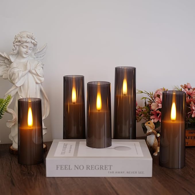 Flameless LED Candles, Upgraded Realistic Flickering Flame Battery Operated Candles with Remote Timer, Acrylic Electric Set of 5 for Romantic Ambiance and Home Decoration(Grey)