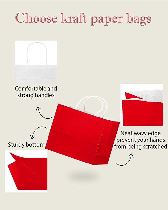 qiqee 50-Packs Red Paper Gift Bags with Handles Bulk 12.6"x4.3"x10" Wide Large Size Party Favor Bags Multiple Uses