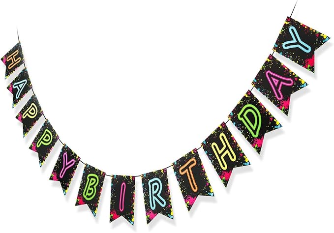 Glow Party Happy Birthday Banner Decoration(Already Assembled), 80s Birthday Banner Let's Glow Party Decorations, Glow in the Dark Party Supplies, Neon Party Birthday Decorations