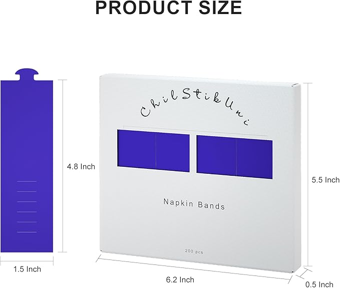 Polymer Material Reusable Napkin Band, Glue-Free Tear-Proof Water Resistant Oil-Proof Napkin Bands Set of 200(Front Blue Color and Back White), 6 Adjustable Sizes Napkin Rings