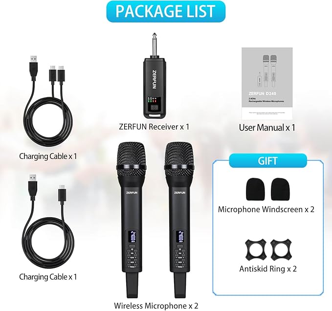 Rechargeable Wireless Microphones Dual, Pro Handheld Cordless Mics System Dynamic with Echo Treble BASS VOL Control for Karaoke Singing Church Party, 1/4'' Output, D240, Black