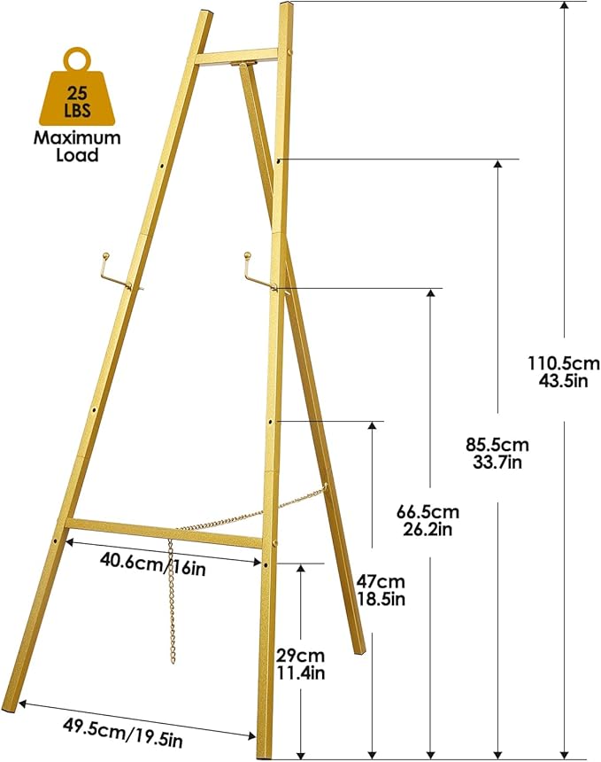 Gold Easel Stand for Wedding Signs with Adjustable Chain, Heavy Duty Metal Display Stand for Art, Welcome Signs, Posters, Pictures, Paintings,Posters & Commercial Display
