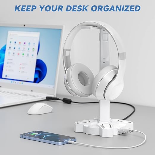 KDD Gaming Headphones Stand, Rotatable Headset Stand with Light Modes - Controller Holder with 2 USB Charging Ports and 3.5mm - Earphone Hanger Accessories for Desktop Gamer(White)