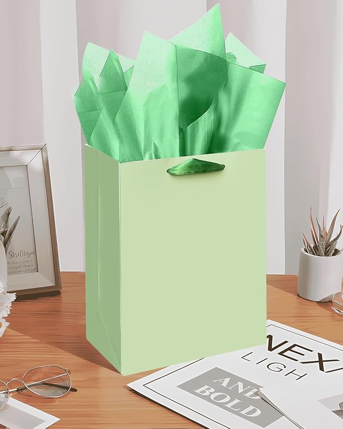 Gcardist Light Green Gift Bags with Tissue Paper for Wedding, Birthday, Party Supplies-7.9"x4.3"x9.6" Medium Size Cardboard Gift Bags(5pcs Bags +10pcs Tissue Paper )