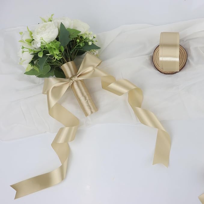 Champagne Solid Satin Ribbon 1-1/2 Inch 50 Yards Solid Polyester Fabric Ribbon for Gift Wrapping Wedding Christmas Baby Shower Birthday Party Decoration Handmade Immortal Flower Craft