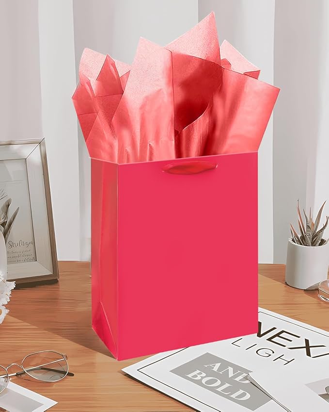 Gcardist Wine Red Gift Bags with Tissue Paper for Wedding, Birthday, Party Supplies-7.9"x4.3"x9.6" Medium Size Cardboard Gift Bags(5pcs Bags +10pcs Tissue Paper )
