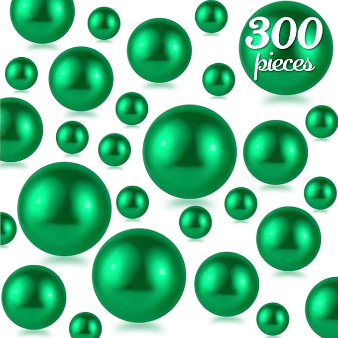 300Pcs Green Polished No Hole Faux Pearl Beads for Vase Filling Decorations, Plastic Pearls Vase Fillers, Table Scatters, Wedding Centerpiece, Home Decor, 8/14/20 mm