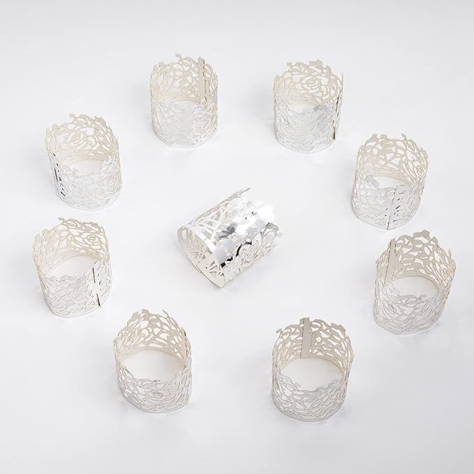 150PCS Rose Flower Paper Napkin Rings, Simple Napkin Holders Dinner Tables Rings Elegant Ornament Table Setting Decoration for Wedding, Christmas, Thanksgiving, Holiday, Party (Silver) (Pack of 2)