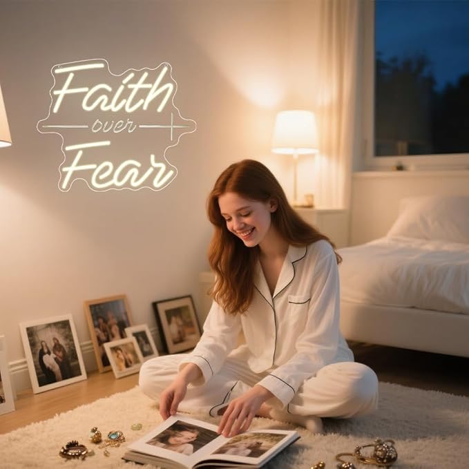 Faith Over Fear Neon Sign,Christian Dimmable LED Light Signs for Wall Art Decor,Warm White Backdrop for Bedroom Club Party Man Cave,Gift for Teen Men USB Powered(13.8"*11.6")