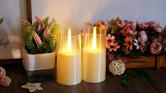 Flameless LED Candles, Upgraded Realistic Flickering Pillar Battery Operated Candles with Remote Timer, Acrylic Electric Set of 2 for Romantic Ambiance and Home Decoration(Ivory)