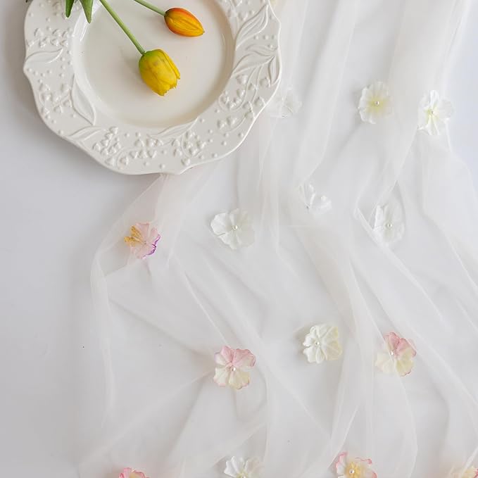 Romantic Artificial Floral Table Runner 10ft Gauze Tulle Lace Table Runner Set for Wedding Baby Shower Bridal Shower Holiday Kitchen Dining Table Decoration for Home Party Special Occasion (2Pcs)