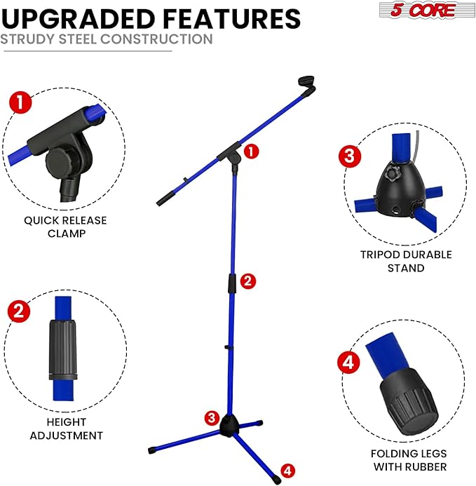 5 Core Tripod Mic Stand Floor Adjustable 18 to 72 Inches Sturdy Boom Arm Holder Microphone Stands Pedestal Para Microfono for Singing - MS 080 SKY D-BLU