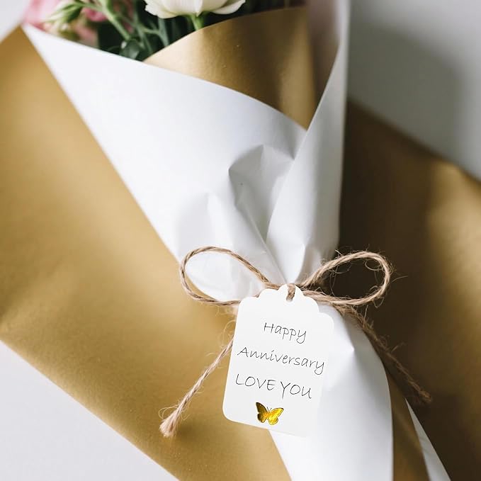 100Pcs Blank Gift Tags with String, Foil Gold Butterfly Large Gift Tags with 65 Ft Jute Twine White Paper Cute Tags for Birthday Baby Shower Wedding Party Gift Wrap Tags