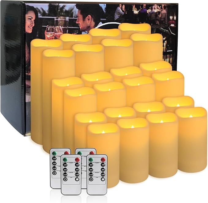 pliadvbu Flameless Pillar Candles with 4 Remote Control and Timer,Realistic Waterproof LED Candles, Long Lasting, Pack of 24 (H 4" 5" 6" x D 2.2"),for Christmas Decorations,Table,Aniversary