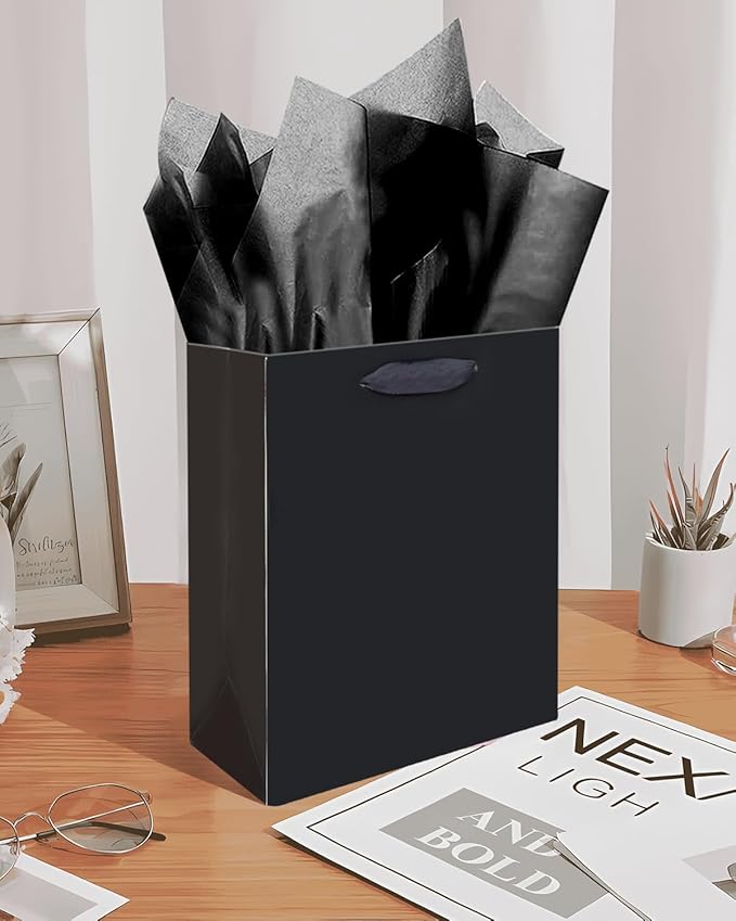 Gcardist Black Gift Bags with Tissue Paper for Wedding, Birthday, Party Supplies - 7.9"x4.3"x9.6" Medium Size Cardboard Gift Bags (16pcs + 32pcs Tissue Paper)