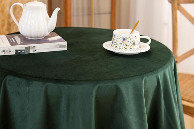 F-CHU Luxury Green Tablecloth Thickset Velvet Tablecloth with Beautiful Gold Tassels Vintage Table Cloth for Home Decor Wedding, Party, Banquet and Events 60" Round