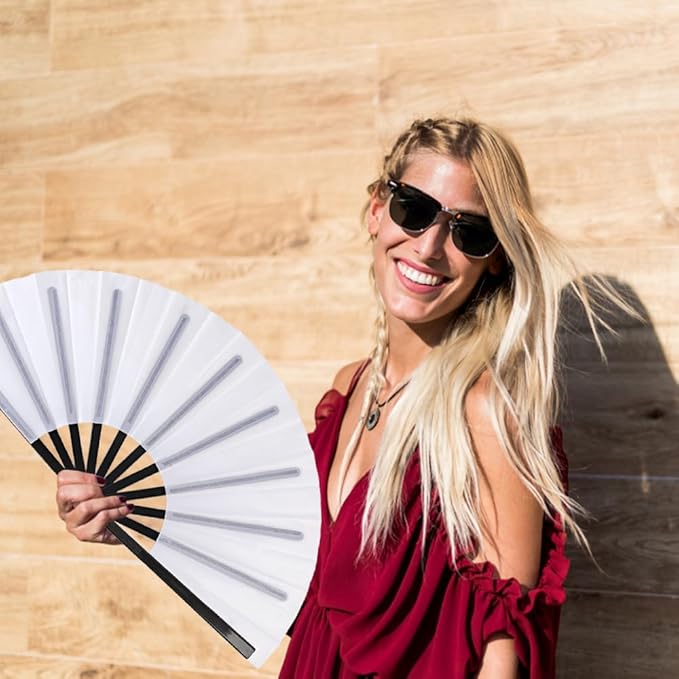 8 Pack Large Folding Hand Fans for Women/Men, Kungfu Taichi Rave Folding Fan with Bag, Large Popping Clacking Fans for Line Dancing, Concert, Party, Festival, Home Decorations(White)