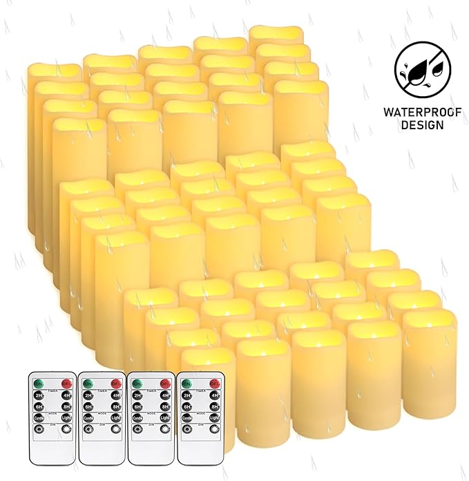 48 Packs Flameless Led Candles, Battery Candles,Simulate Flame,Waterproof Outdoor Indoor Candles with10-Key Remotes and Cycling 24 Hours Timer for Wedding, Table, Festival,Home Decoration…