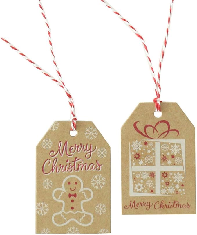100 Pack Brown Kraft Paper Christmas Gift Tags, Xmas Brown Kraft Gift Tags with Jute Twine Baker Twine for DIY Xmas Holiday Present Wrap Stamp and Label Package Name Card