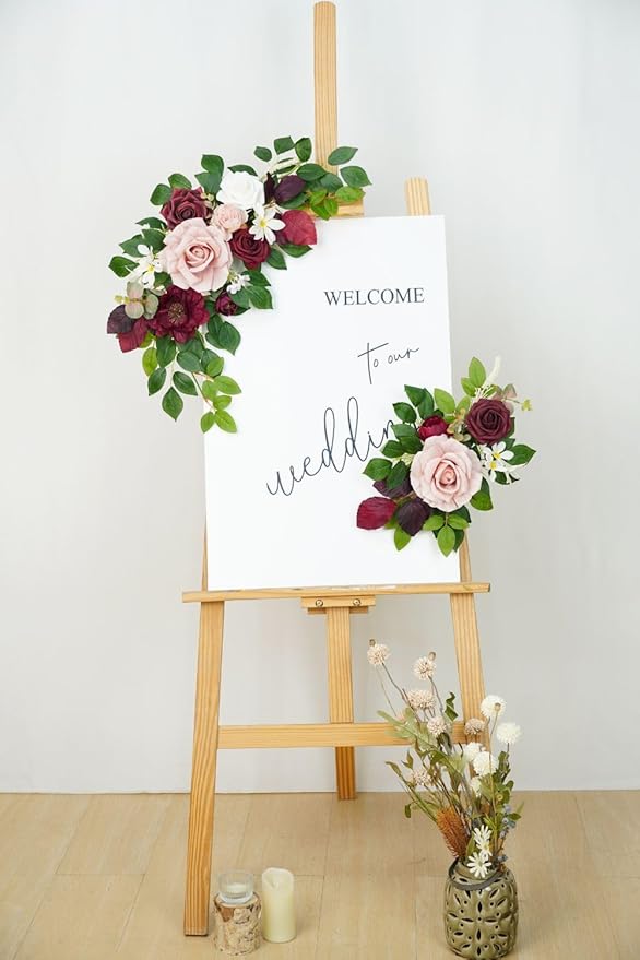 Wedding Decor (Pack of 2) Welcome Sign Flower Backdrop Garland for Ceremony Reception Wall Easel Home Decoration Entryway Faux Outdoor Board Head Table Decor (Burgundy & Dusty Rose)