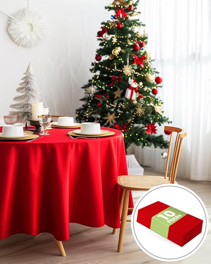 Pureegg Plastic Table Cloth Disposable 10 Pack, 84'' Round Table Cloths, Valentines Day, Thanksgiving, Christmas Decorations, Fall Tablecloths, Round, Plastic Cover, Leakproof & Sturdy, Red