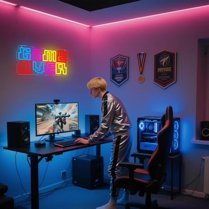 Game Room Neon Sign,Game Over Dimmable LED Light Signs for Wall Art Decor,Gamer Backdrop for Bedroom Club Party Man Cave,Gaming Gift for Boys Teen Men USB Powered(15.4"*7.9")