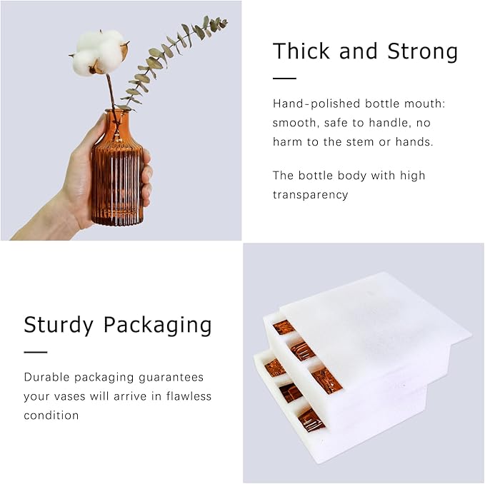12Pcs Glass Bud Vase Set, Small Dark Brown Flower Vase for Centerpieces, Bud Vases in Bulk, Mini Vintage Vase for Rustic Wedding Decorations(Amber)