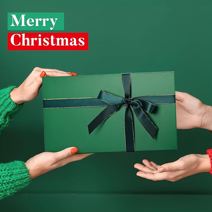 LIFELUM Gift Boxes with Lids 2 Pack 13.85 x 8.35 x 4.45 inch Green Christmas Gift Boxes with Strong Magnetic Lid for Presents with Luxury Accessories Card, Ribbon, Filler,Sticker
