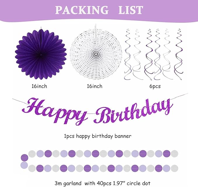 Purple and Silver Party Decorations-21PCS Happy Banner,Paper Lanterns Streamers,Tissue Pom Poms Honeycomb Flower Fan, Baby Bridal Shower Wedding Retirement Bachelorette Hanging Supplies Decor