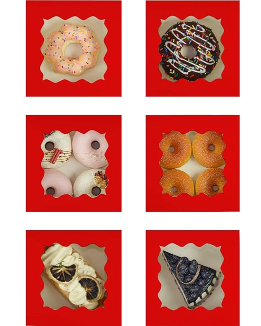 Bakepacker 100pcs Red Cookie Boxes 6x6x3 inches Easy Assemble Macaroon Pastry Boxes Bakery Boxes with Window for Bakery