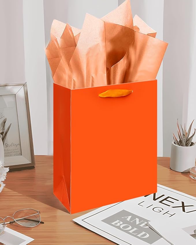 Gcardist Dark Orange Gift Bags with Tissue Paper for Wedding, Birthday, Party Supplies-7.9"x4.3"x9.6" Medium Size Cardboard Gift Bags(5pcs Bags +10pcs Tissue Paper )